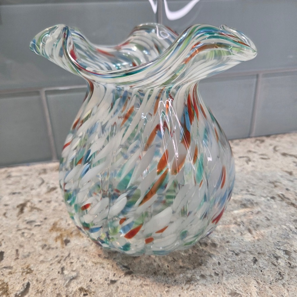 Hand Blown Confetti Glass Vase Ruffled Rim Multi‎ Color Splatter Art Glass 6.5"